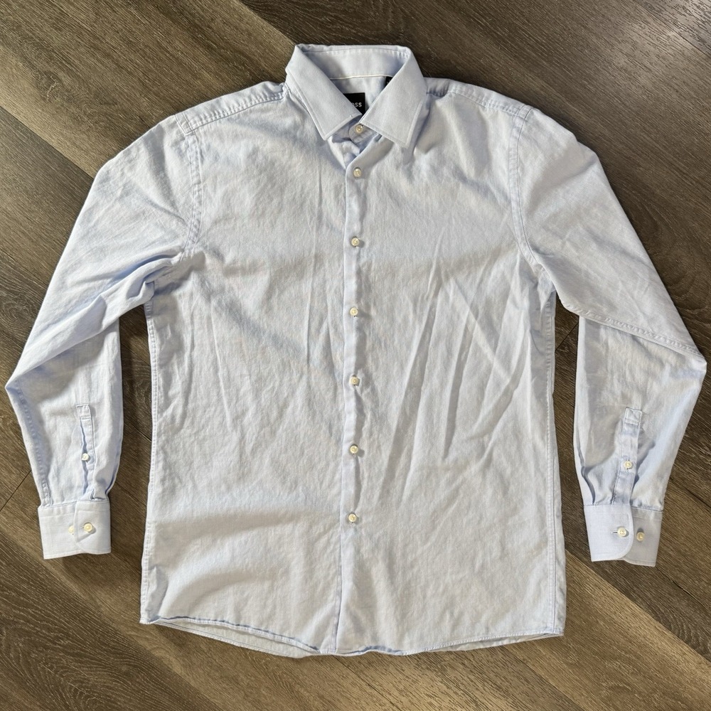 Hugo Boss Men Money Sharp Fit Pastel Blue Cotton Dress Shirt 16 34/35 Sz L